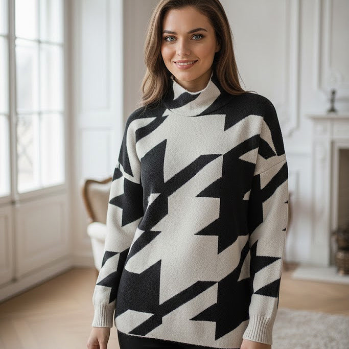 BluIvy HOUNDSTOOTH MOCK NECK LOOSE FIT KNIT SWEATER IN BLACK AND WHITE