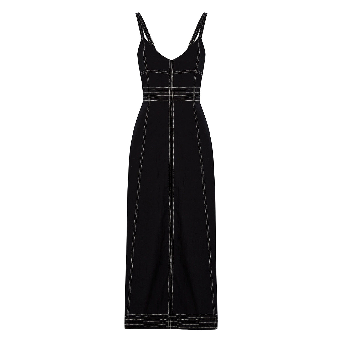 A front flat lay photograph of the complete black handloomed Turkish cotton maxi dress with an intricate white linear contrast stitching pattern on the bodice, waistband, and hemline. The dress has a V-neck and simple dual straps.