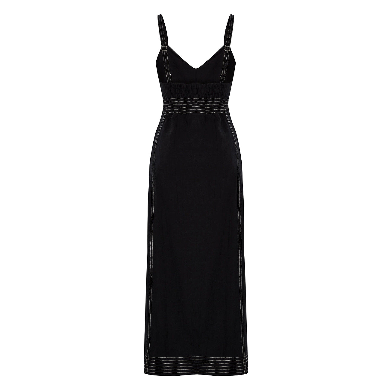 A back flat lay photograph of the black handloomed Turkish cotton maxi dress, showing the continued white contrast stitching and the detailed smocked back panel and strap adjustments.