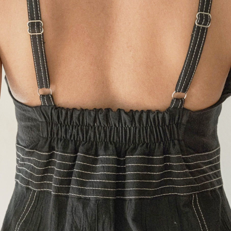 A close-up photograph focusing on the back of the dress, highlighting the fine texture of the black handloom Turkish cotton and the precise detail of the white contrast linear stitching.
