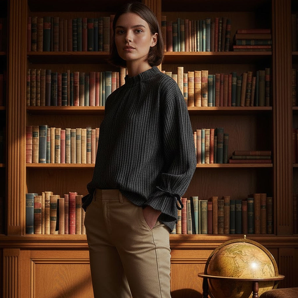 Elegant model wearing a voluminous grey striped linen shirt with drop shoulders and delicate cuff ties.