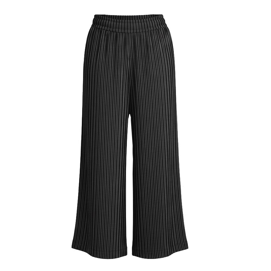 Tailored black and off-white pinstripe straight-leg linen pants with structured waistband and side pockets, handcrafted in Europe.