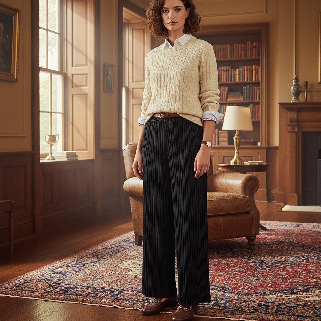 Woman wearing striped European linen trousers and a cream cable-knit sweater in a classic library setting, showcasing a preppy dark academia fashion style.