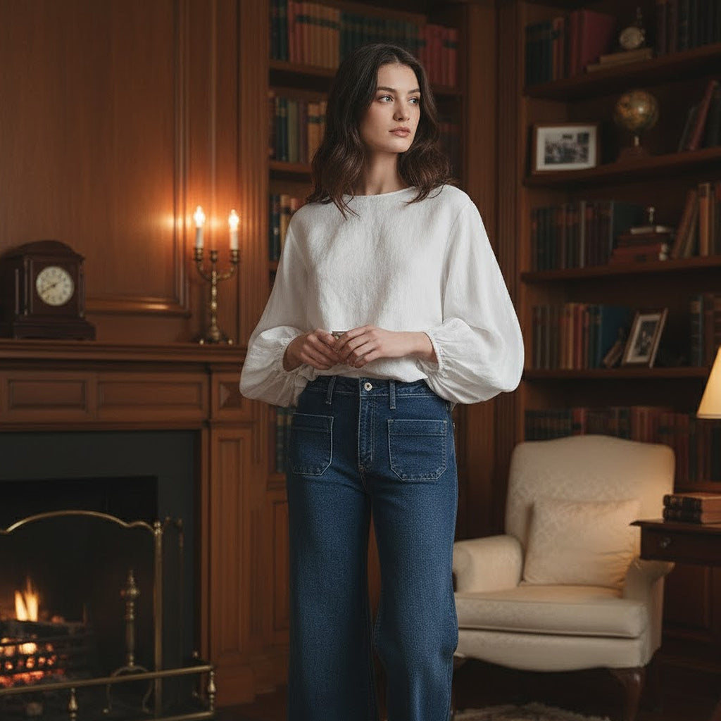 Sophisticated woman wearing a romantic white linen blouse with voluminous puff sleeves in a classic library setting.