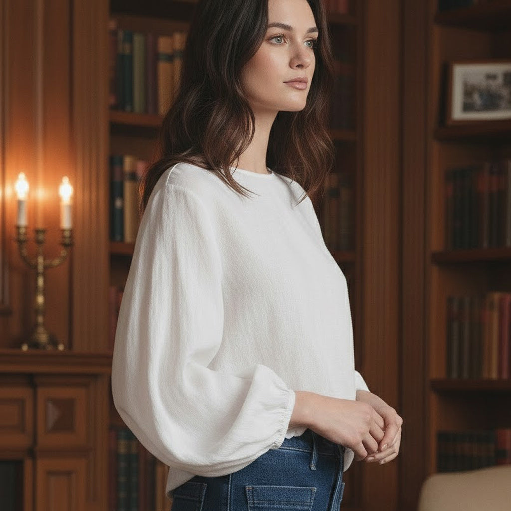 Close-up profile of a handmade off-white linen shirt featuring dropped shoulders and lantern-style voluminous sleeves.