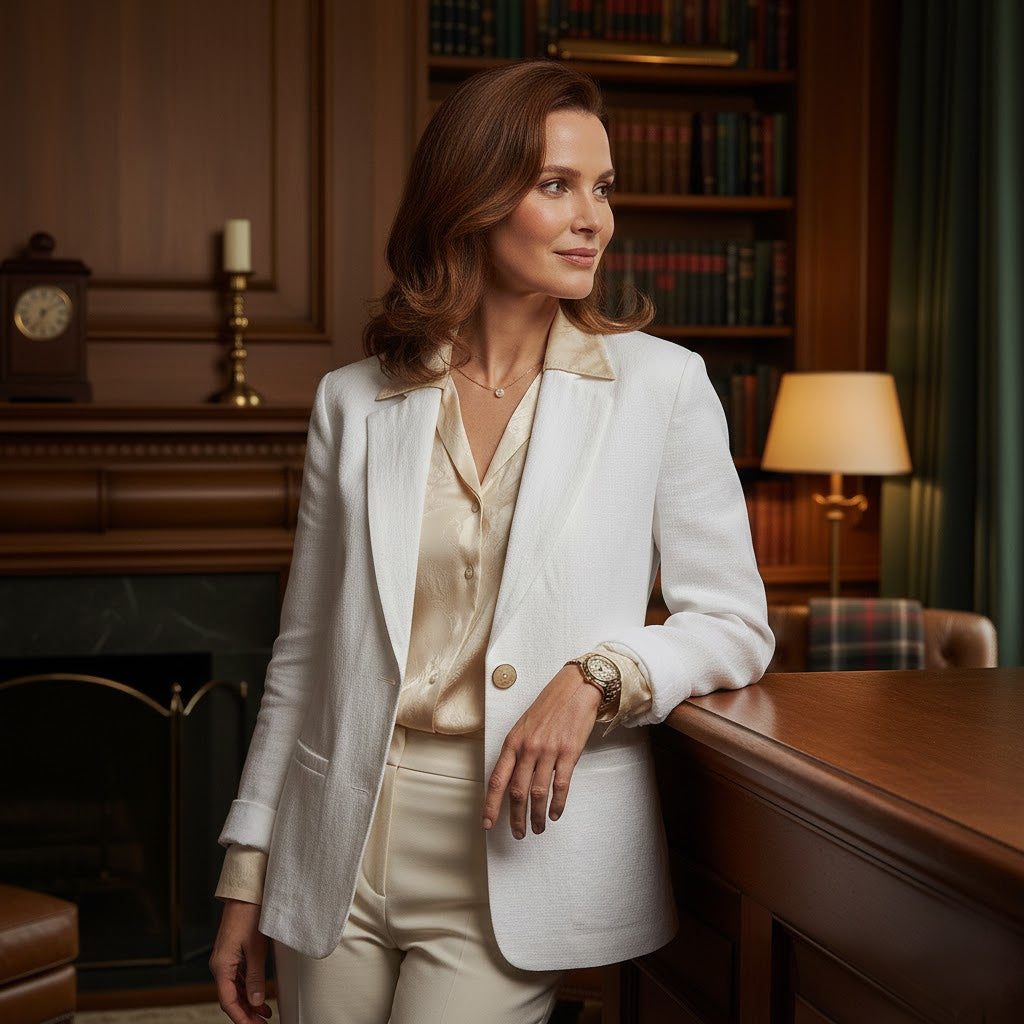Classic preppy fashion for women featuring a handmade white linen jacket styled with a luxury watch and pearl earrings in a literary-inspired study.