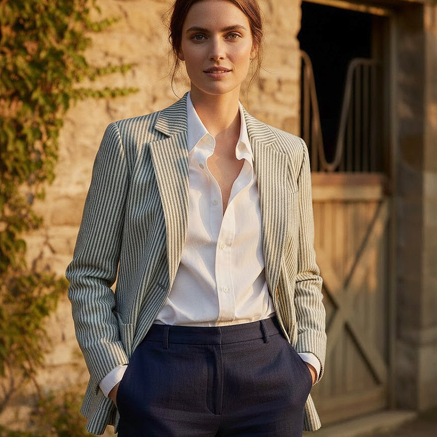 Sophisticated woman wearing a wide-striped linen blazer styled with a crisp white button-down and navy trousers, embodying a classic preppy aesthetic inspired by English countryside and literary style.