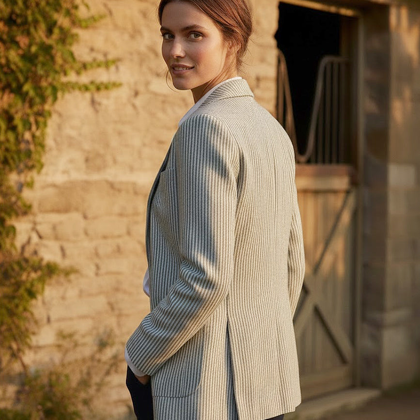 Rear view of a high-quality striped linen blazer for women, highlighting the expert tailoring and natural drape of premium European fabric against a rustic, stone heritage backdrop.