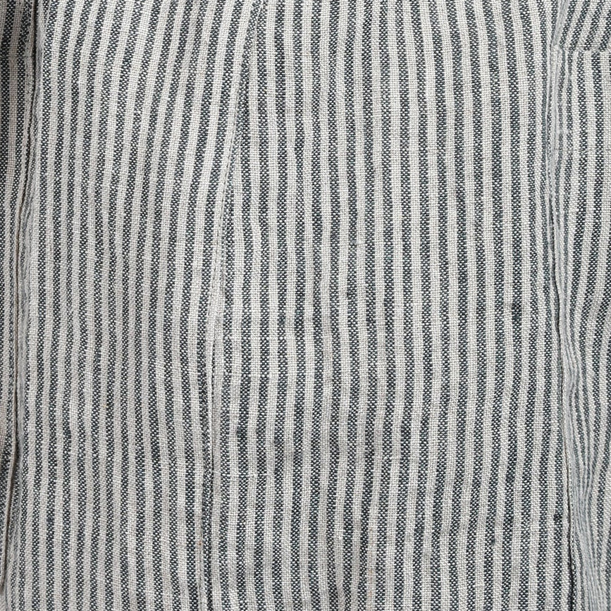 Close-up of high-quality navy and natural striped Oeko-Tex linen fabric, showing the intricate weave and breathable texture of authentic, sustainably sourced European heritage materials.