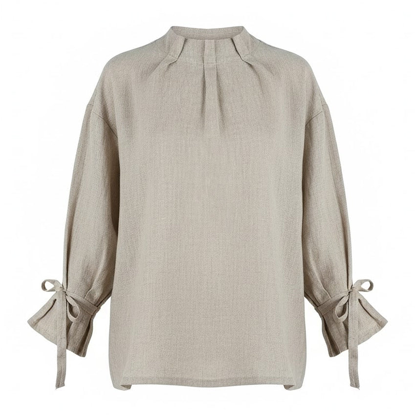 Handmade oatmeal linen Victorian shirt for women featuring a pleated high neck and romantic bell sleeves with ties.