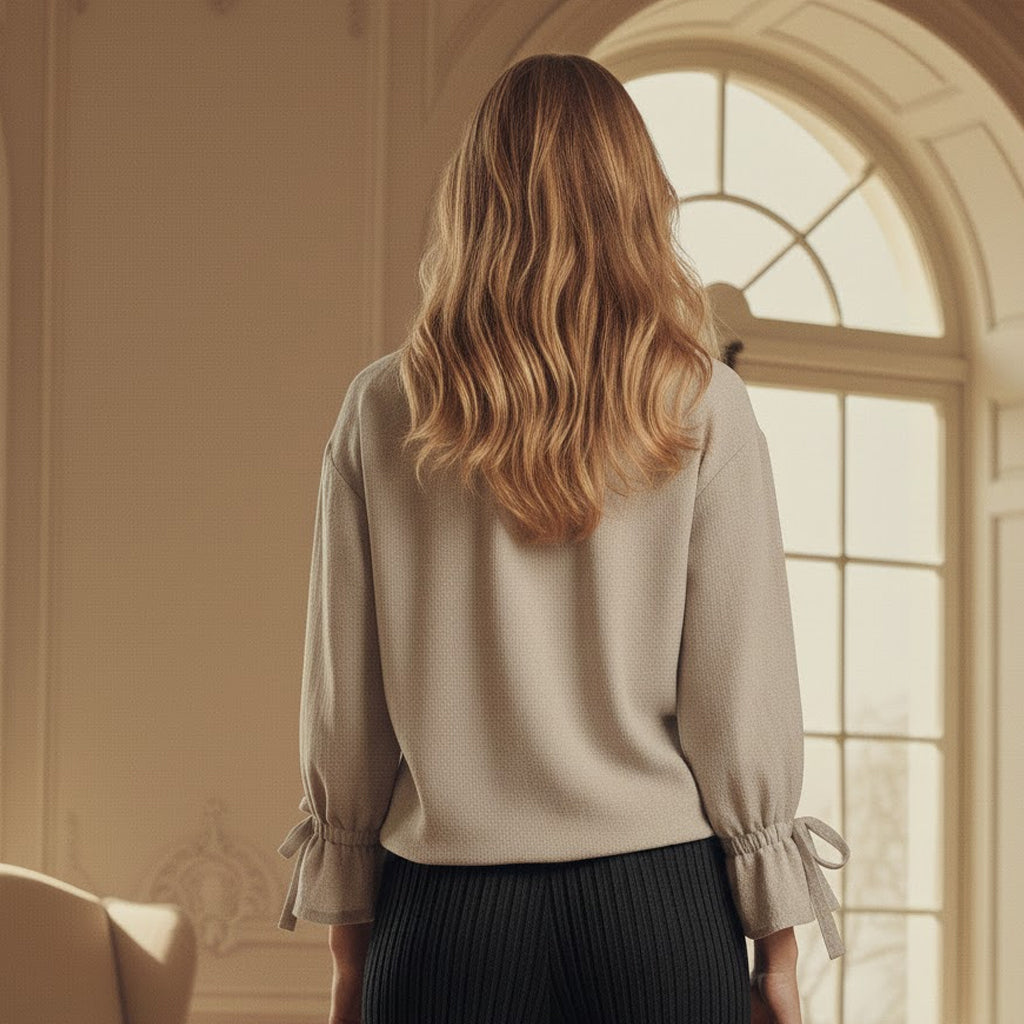 Rear view of a Victorian-inspired linen blouse on a model, highlighting the gathered neckline and relaxed silhouette.