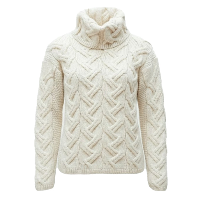 Cream Ladies Cable Aran Sweater in Supersoft Merino wool featuring a generous cowl neck and intricate two-finger cable stitching. Made in Ireland.