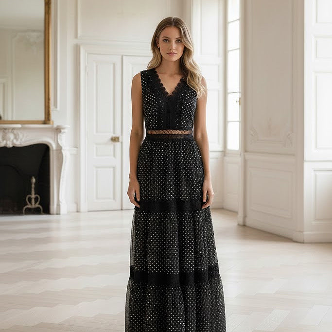 LONG BLACK AND WHITE POLKADOT TULLE DRESS WITH PLUNGING V-NECK BY CHOKLATE PARIS