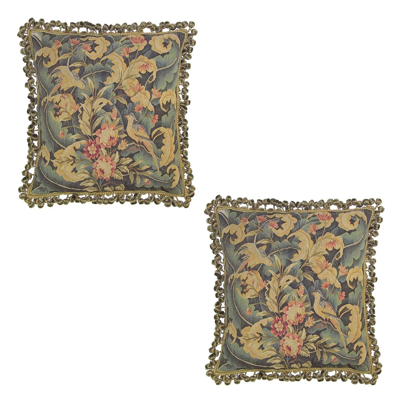 Pair of Antique Reproduction Hand-Woven Wool Aubusson Tapestry Pillows with Ball Fringe Trim