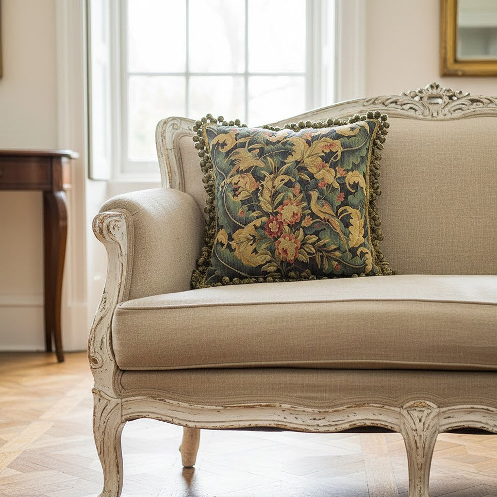 Antique Reproduction Hand-Woven Wool Aubusson Tapestry Pillows with Ball Fringe Trim on an antique Louis XVI settee.