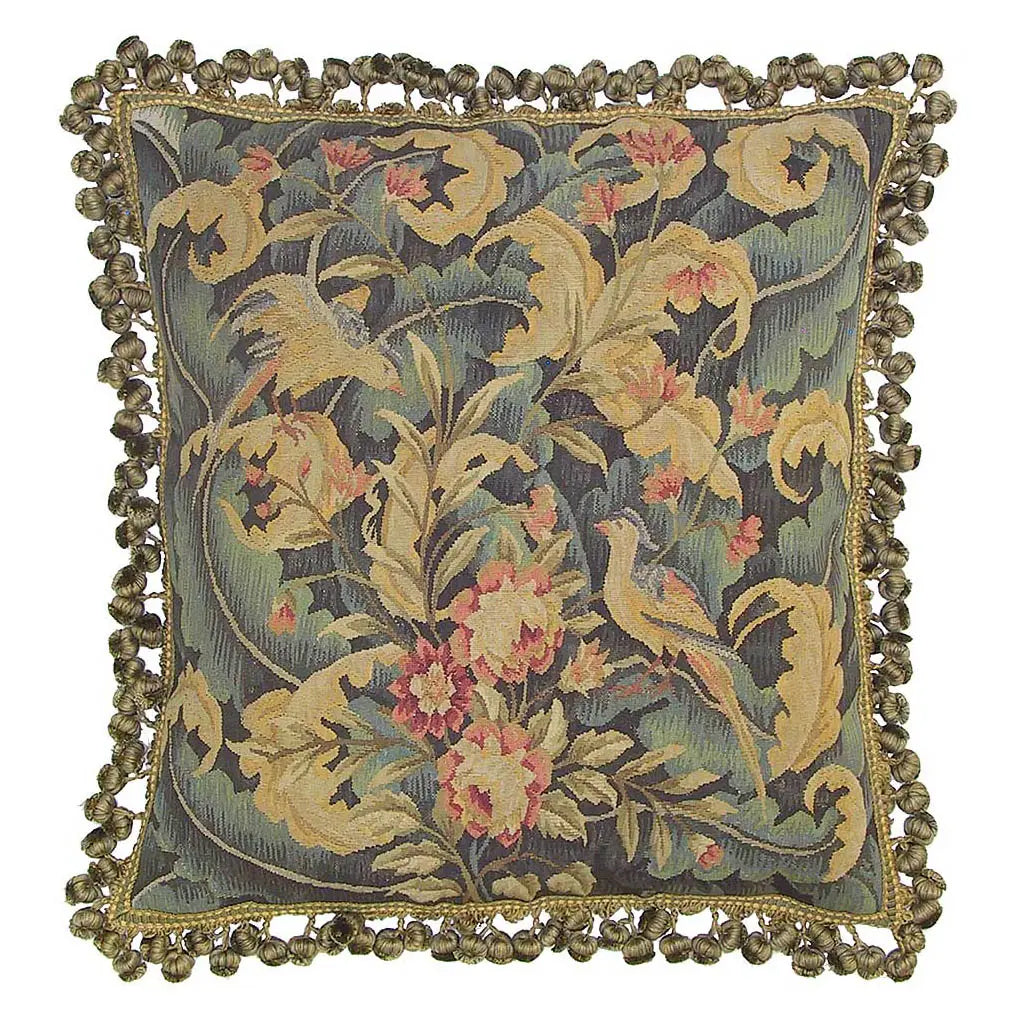 Provence Home antique Aubusson wool pillow cushion with ball trim fringe on a white background