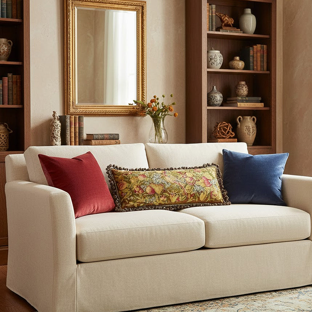 Beige sofa with colorful pillows in a living room setting featuring the LX44 Provence Home Wool Aviary and Fruit Tapestry Lumbar Pillow