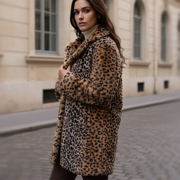 Woman wearing a leopard print coat on a street with classical architecture in the background