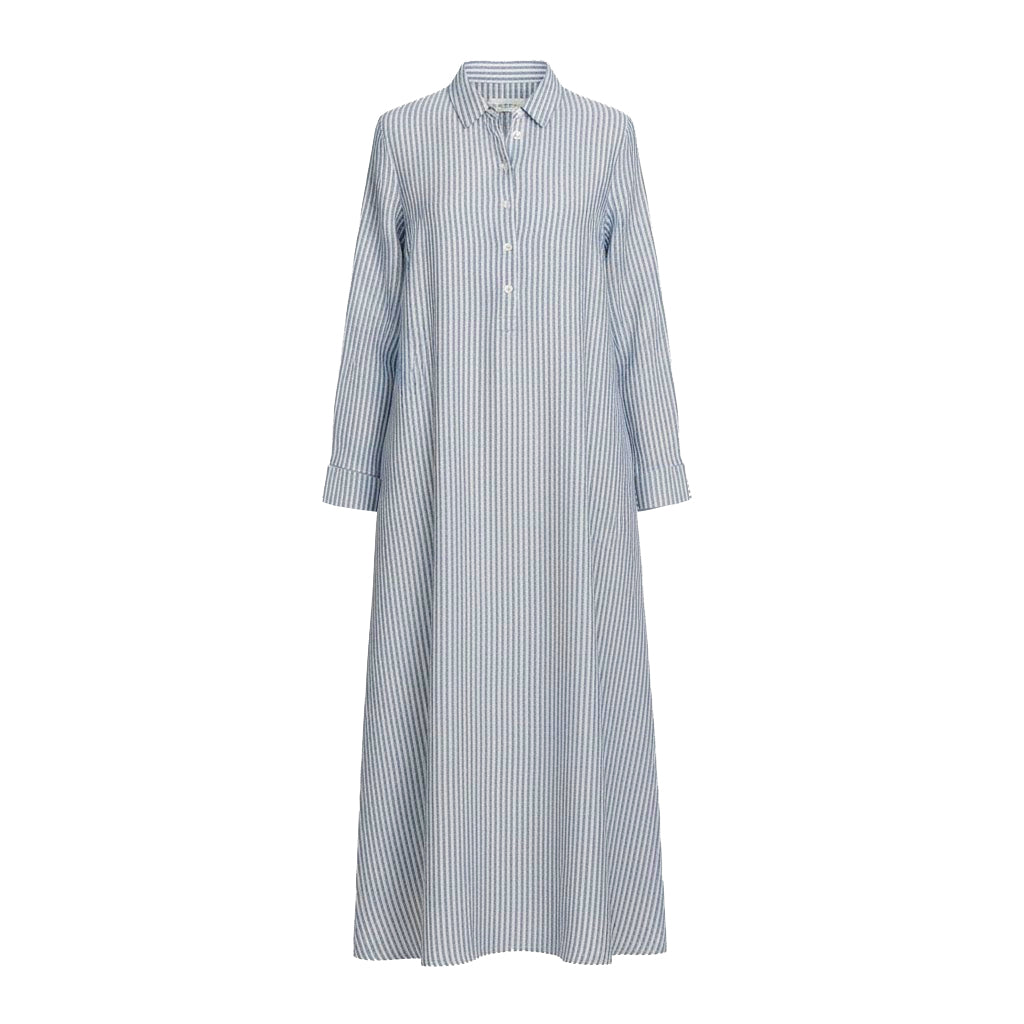Long linen maxi dress in navy and white stripes featuring a button-up V-neck and long sleeves on a white background