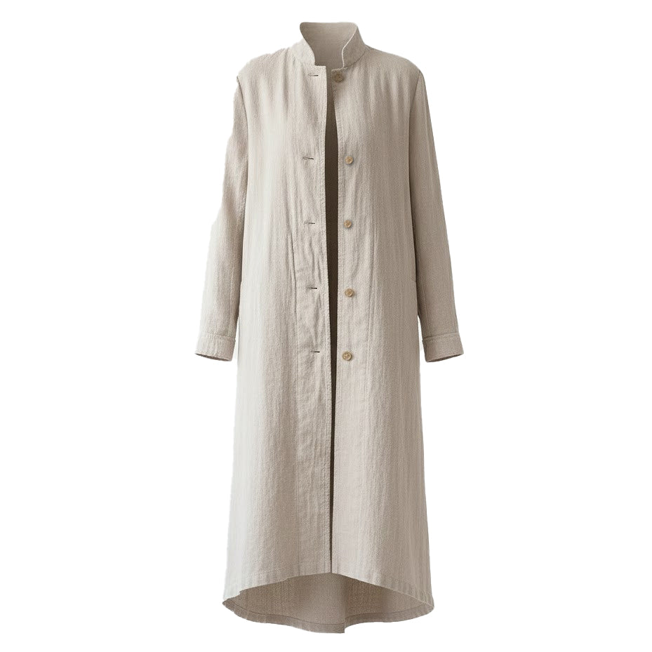 Front view of a long natural linen jacket made from OEKO-TEX certified European Flax®, showing its substantial 1.54 lb weight and structured knee-length cut.