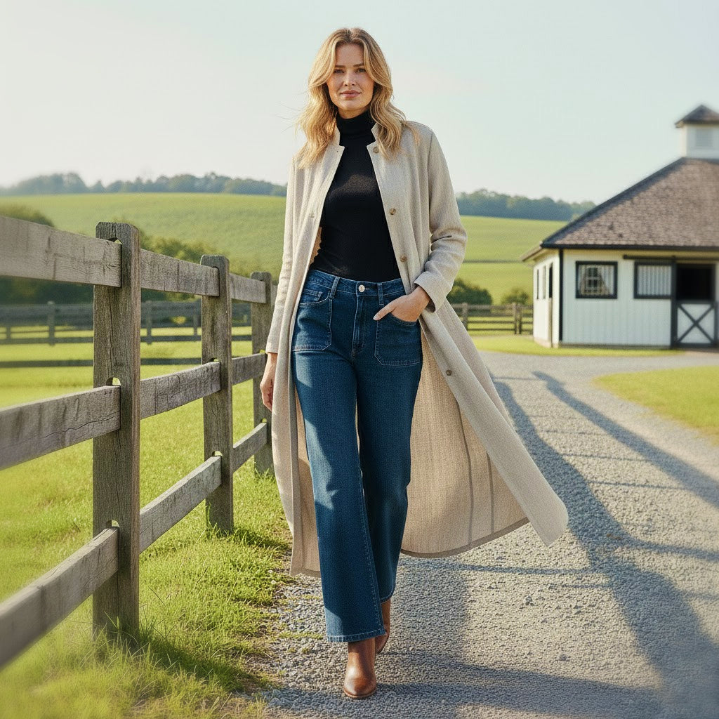 Woman wearing a 100% European linen duster coat with a neat band collar and front buttons, demonstrating a versatile and sophisticated preppy style.
