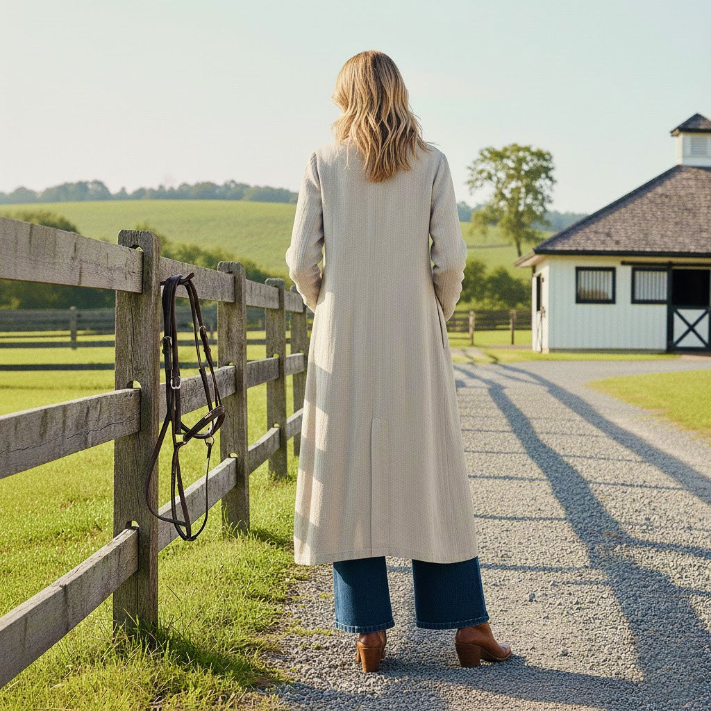 Back silhouette of a long linen duster coat for women, showcasing its clean lines and expert tailoring by a third-generation family-owned European business.
