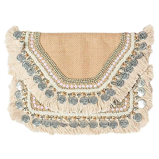 Boho Chic Clutch with sequins burlap and fringe by Lula Natura spain