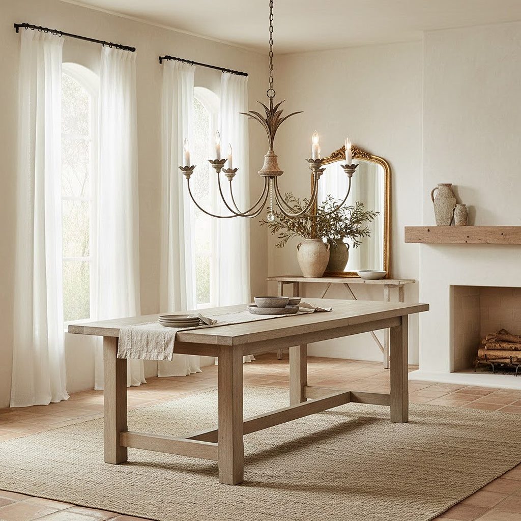 Madaline Chandelier by Terracotta Designs featuring a Mediterranean Coastal European style set in a Spanish coastal villa dining room.