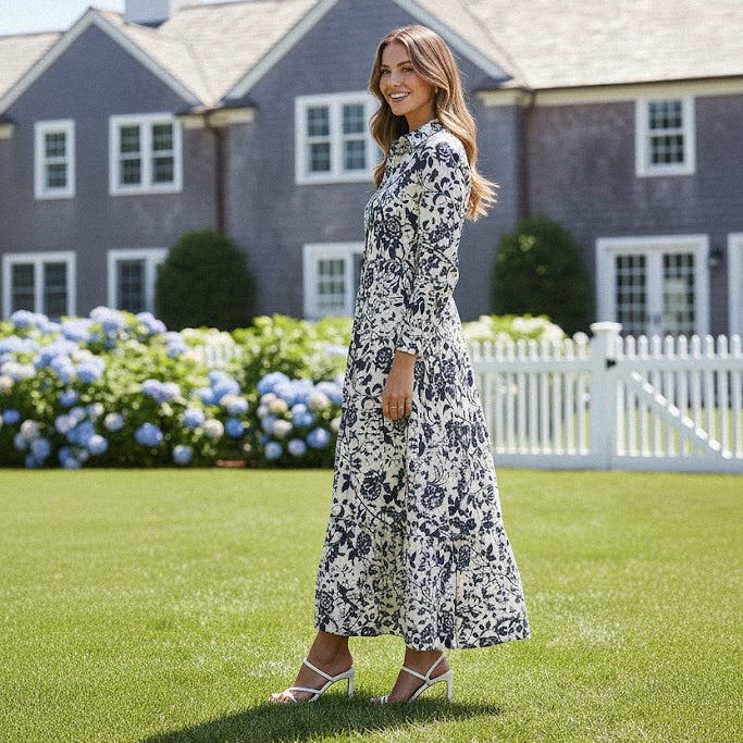 MARBELLA FLORAL NAVY AND ECRU COTTON LONG DRESS BY CHOKLATE PARIS