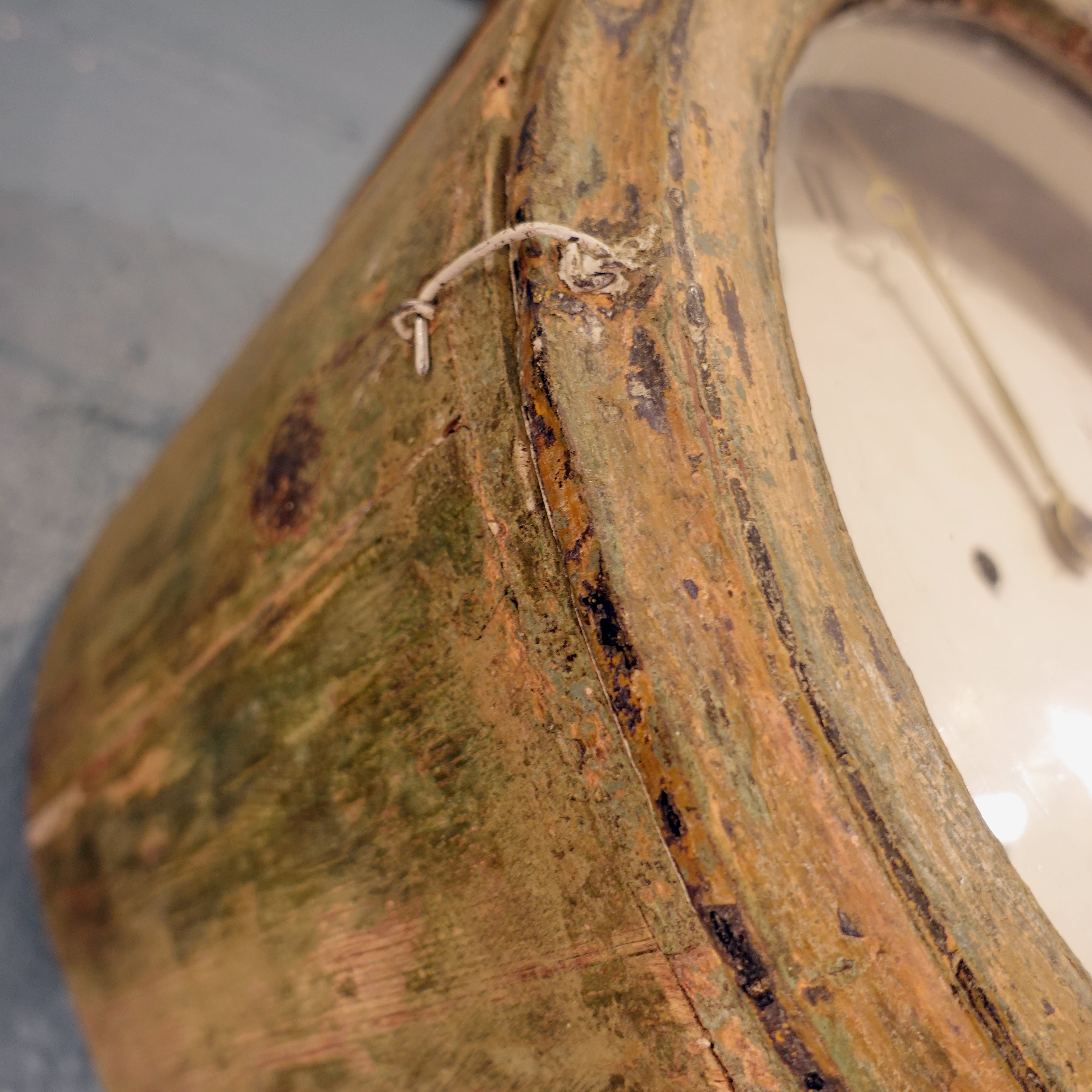 Weathered sage-gray patina on antique Swedish pine floor clock - Le Historique Antiques