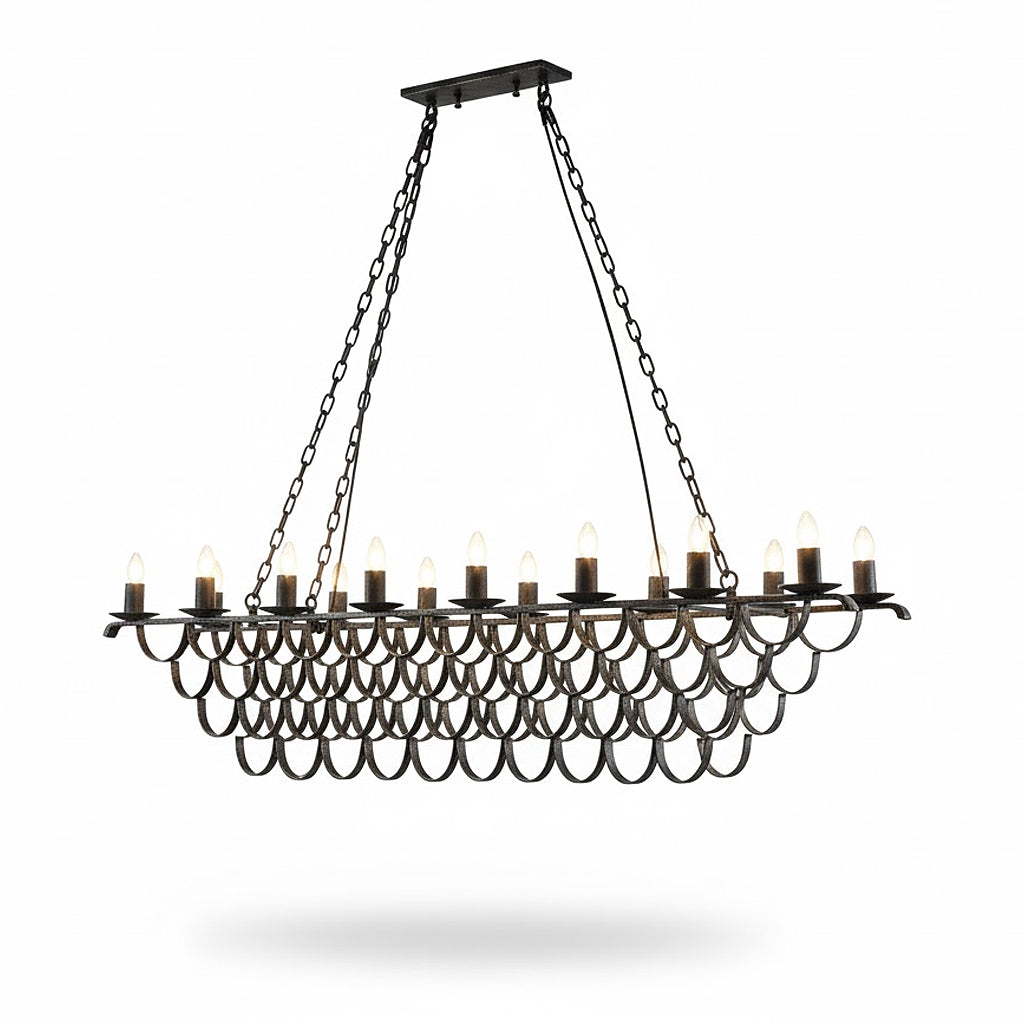 Vintage French Provincial wrought iron chandelier 17-light close up