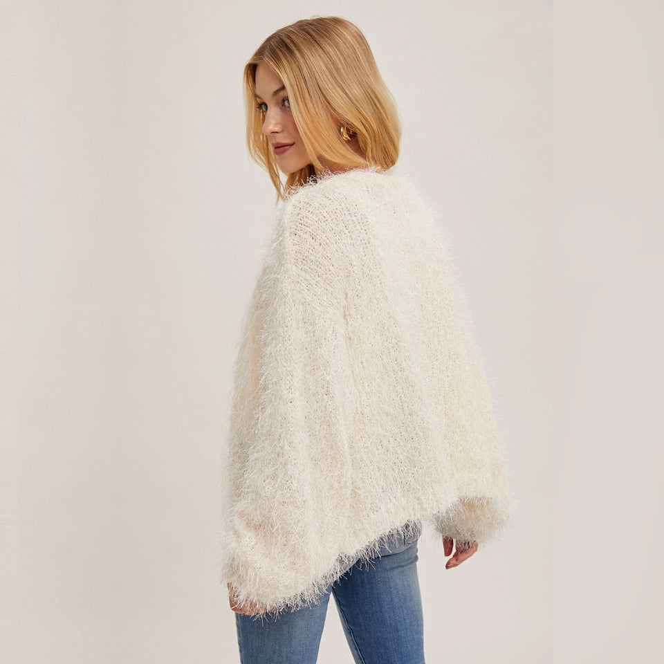 PEARL BUTTON DOWN FUZZY KNIT VANILLA CARDIGAN BY BLUIVY