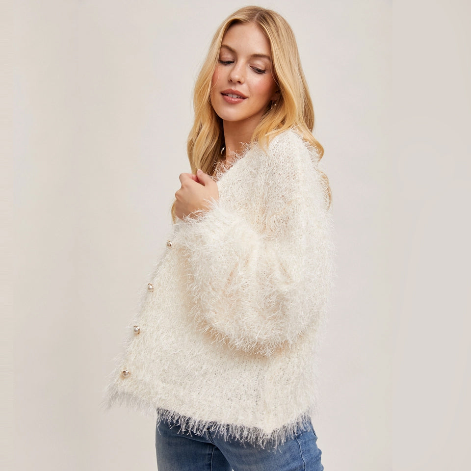 PEARL BUTTON DOWN FUZZY KNIT VANILLA CARDIGAN BY BLUIVY