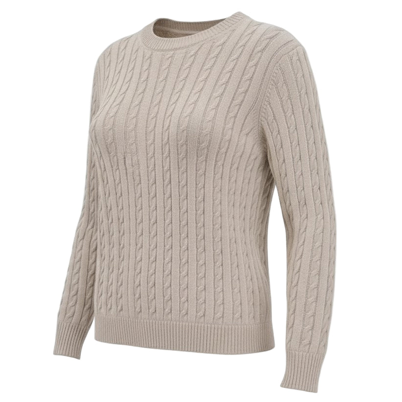 Rich neutral tone heritage cable-knit crew neck sweater made in Italy