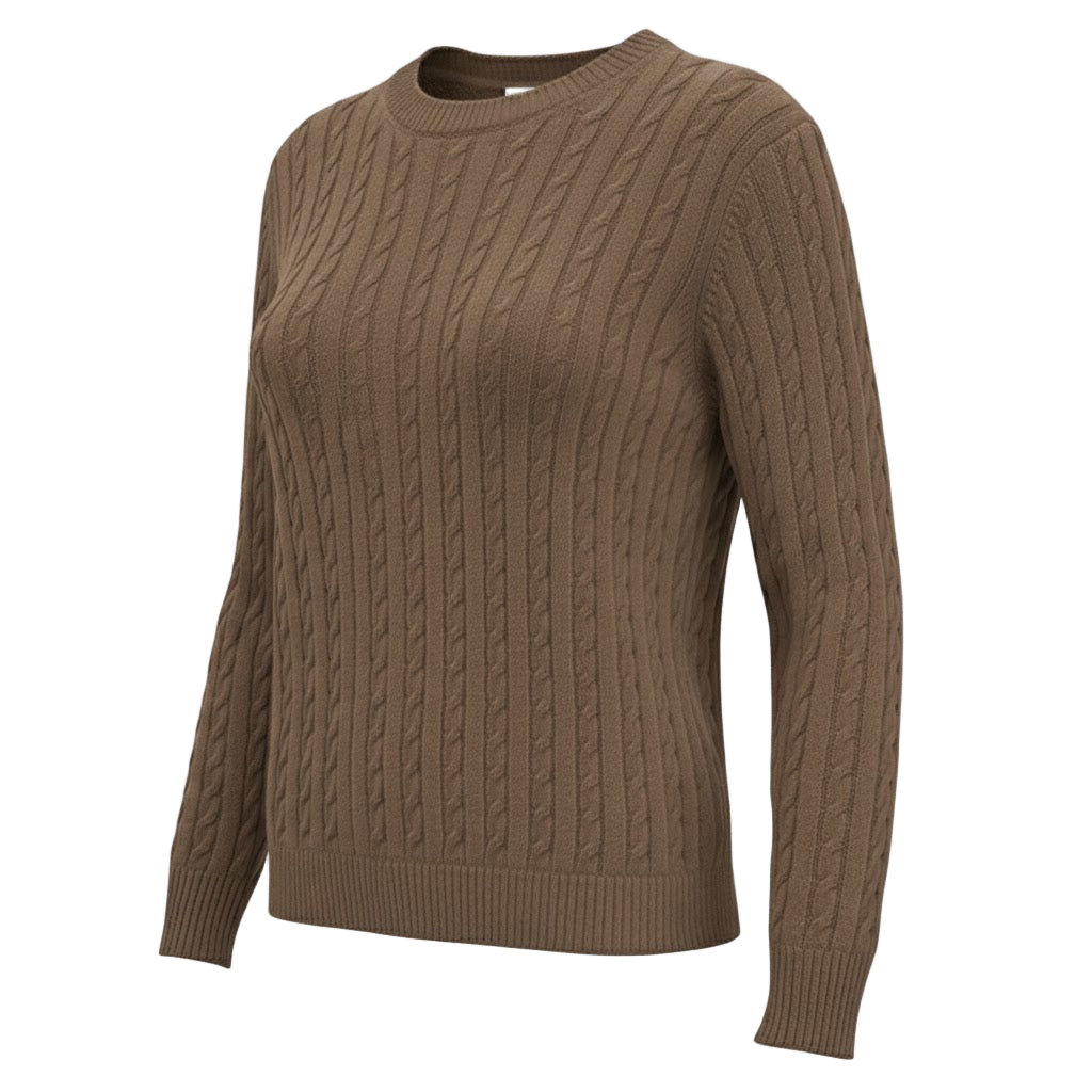 Taupe color extra fine Merino wool cable knit crew neck sweater