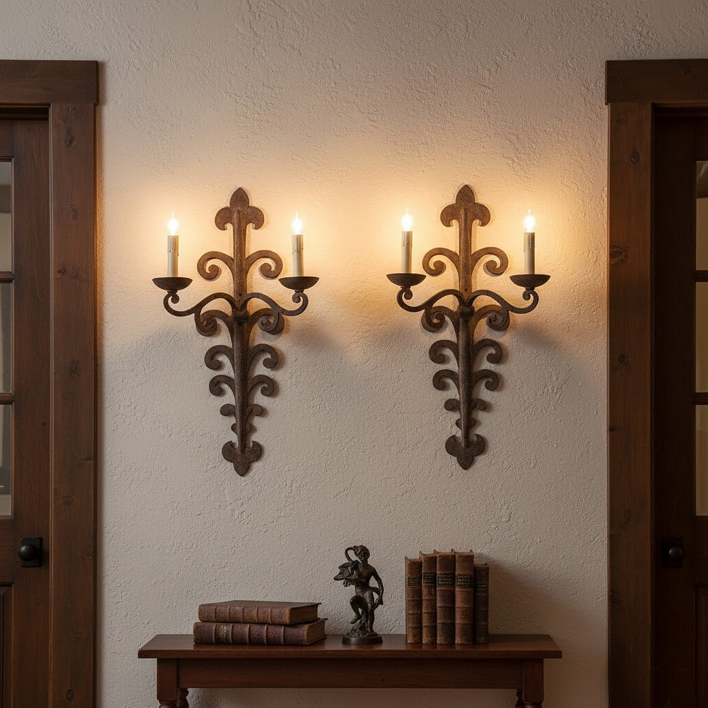 Decorative 18th-Century Hand-Forged Wrought Iron Sconces with a wooden table and books below.