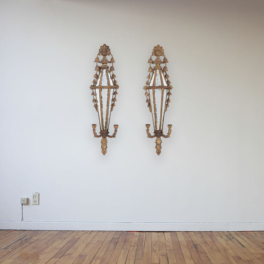 Pair of Italian Carved Giltwood Girandole Wall Sconce Mirrors circa 1800