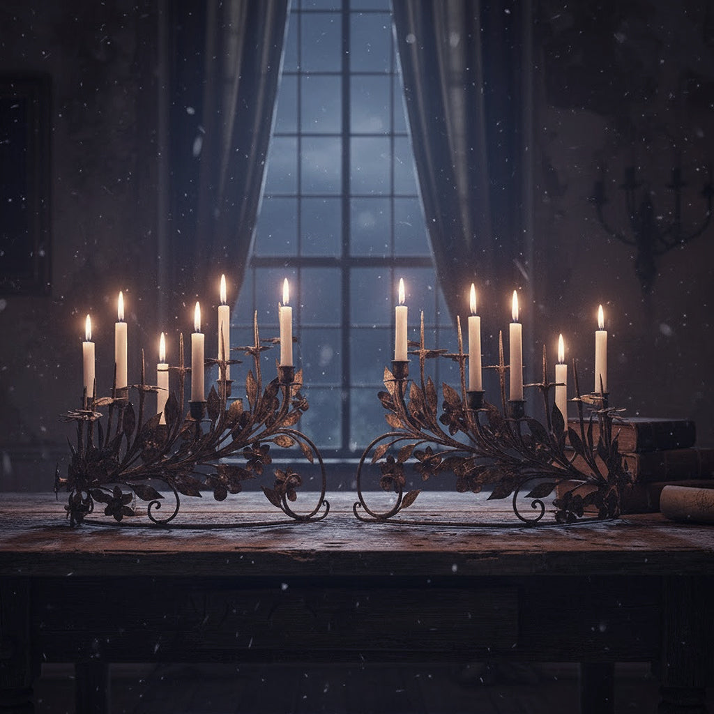 PAIR OF EIGHT-LIGHT ANTIQUE VINTAGE ITALIAN CANDELABRUM IN WROUGHT GILDED IRON