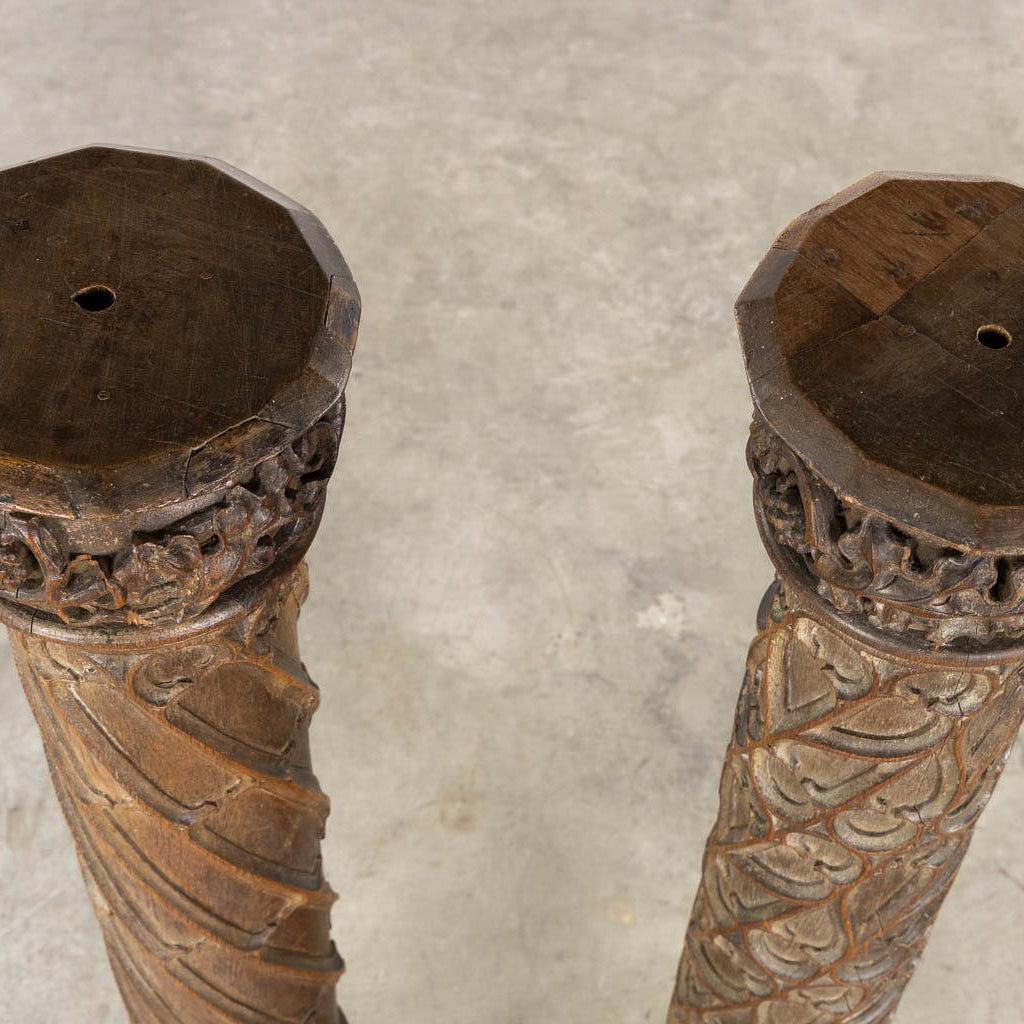 Pair of tall hand carved vintage wooden 19th century church columns
