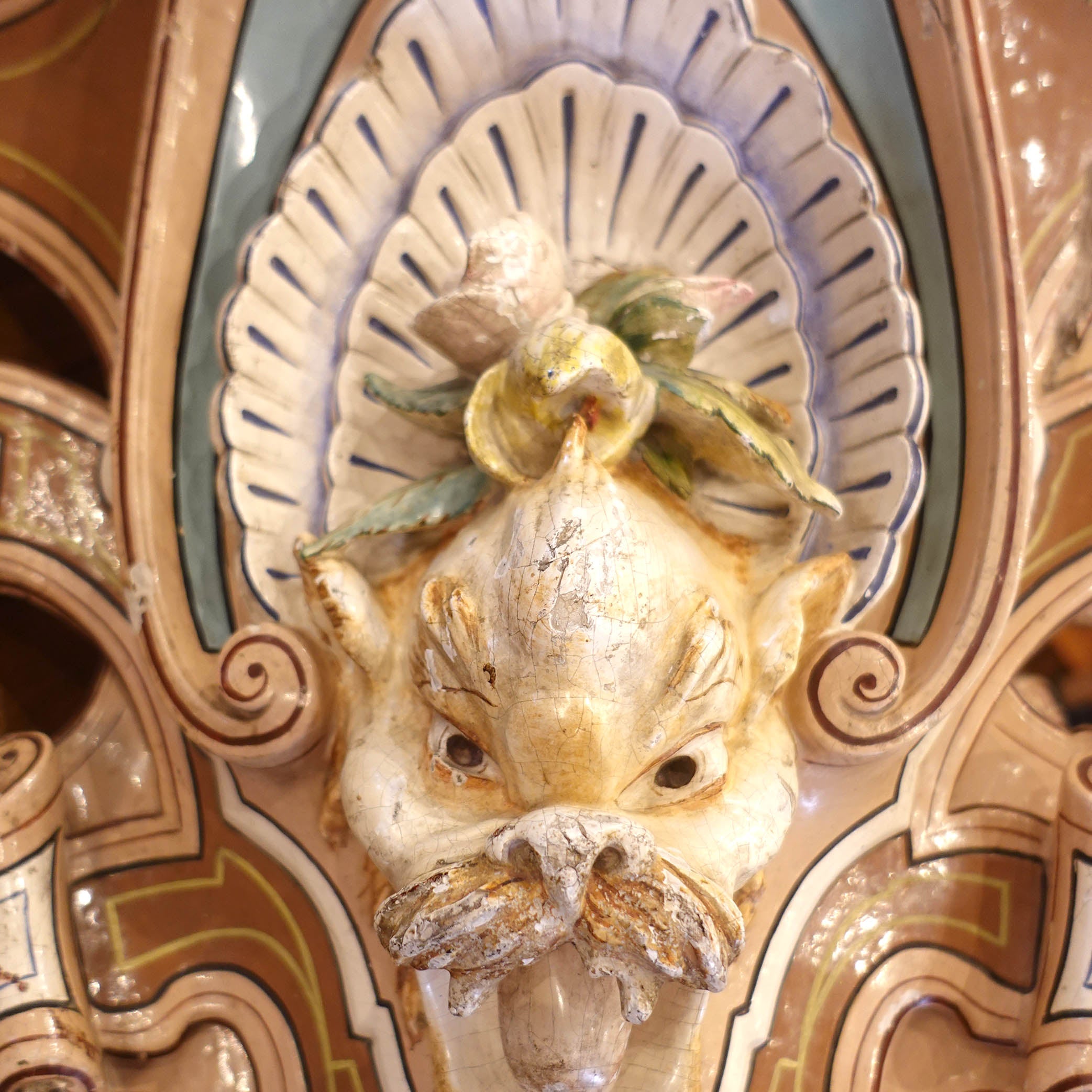 Close-up of Hand-Carved Mascaron Face Detail 18th Century French Rococo Woodwork