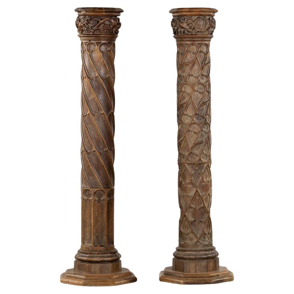 Pair of tall hand carved vintage wooden 19th century church columns
