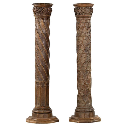 Pair of tall hand carved vintage wooden 19th century church columns