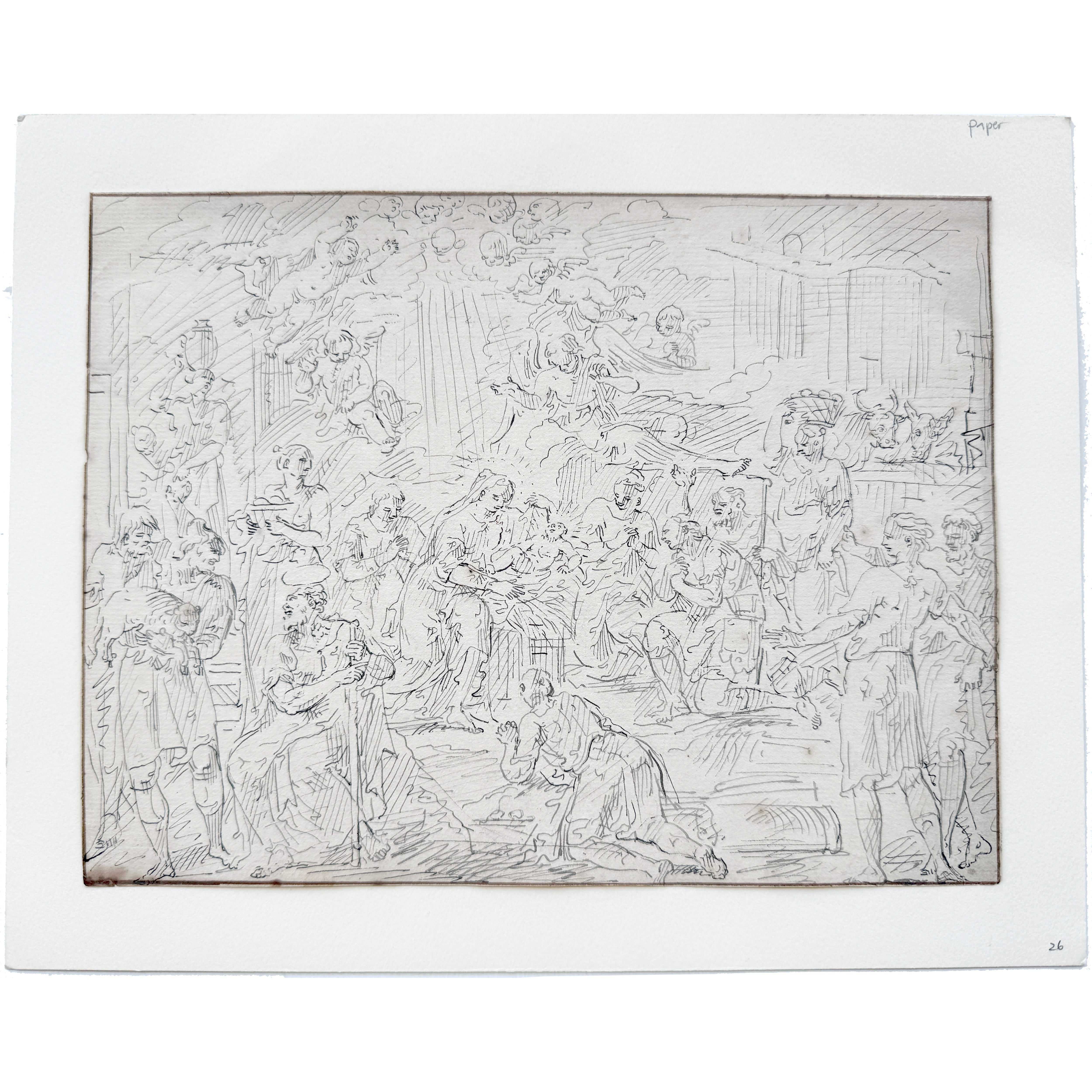 Original 18th-century drawing of the Adoration of the Shepherds by Francois Boitard