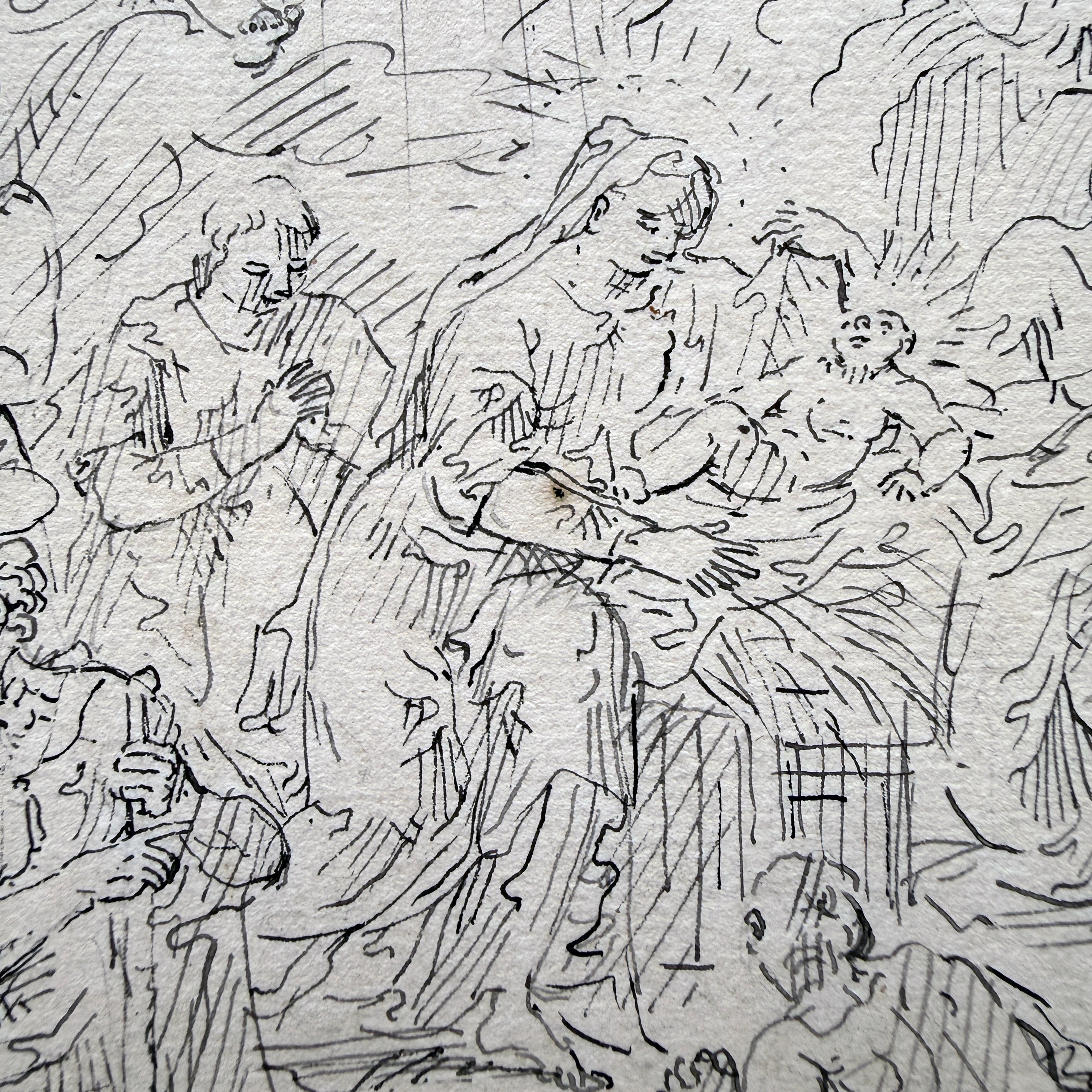 Close-up of an original 18th-century drawing of the Adoration of the Shepherds by Francois Boitard