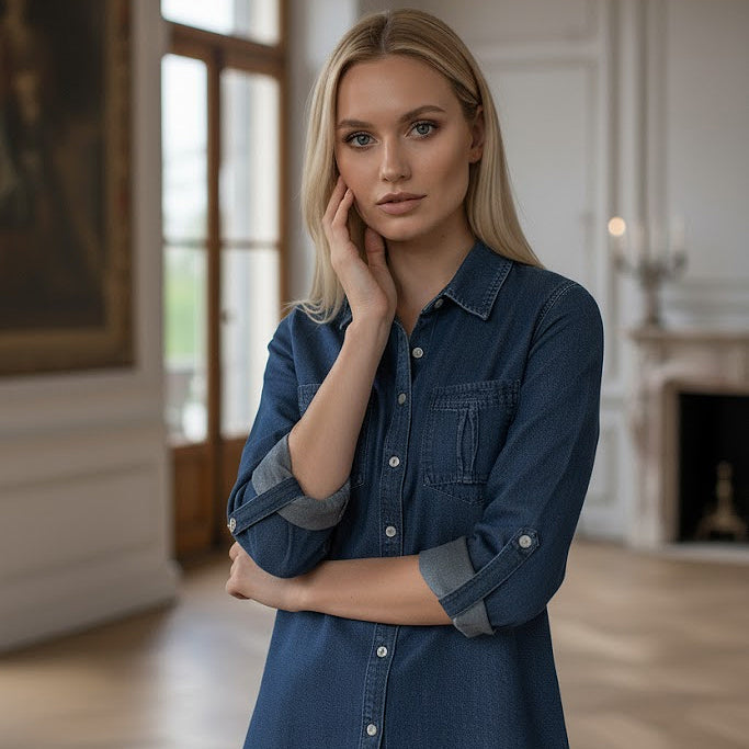 Premium Pima Cotton Denim Long Sleeved Button Up Collared Top