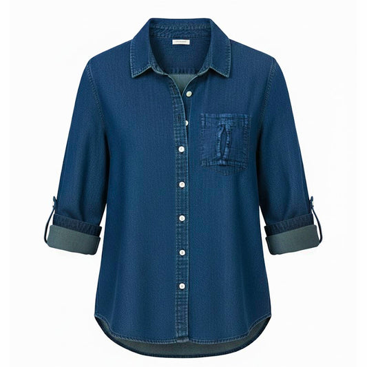 Premium Pima Cotton Denim Long Sleeved Button Up Collared Top