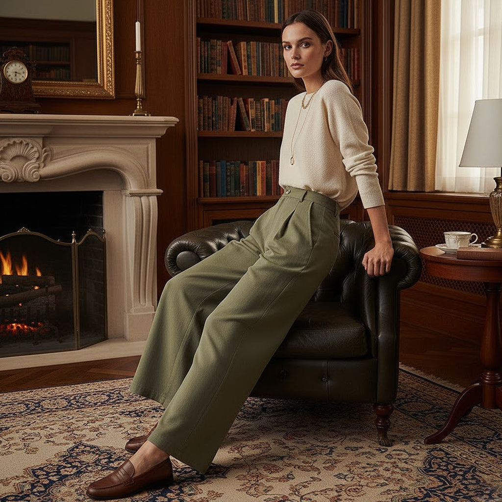 Woman wearing olive khaki cotton twill trousers and cream sweater in a classic library setting, Dark Academia style.