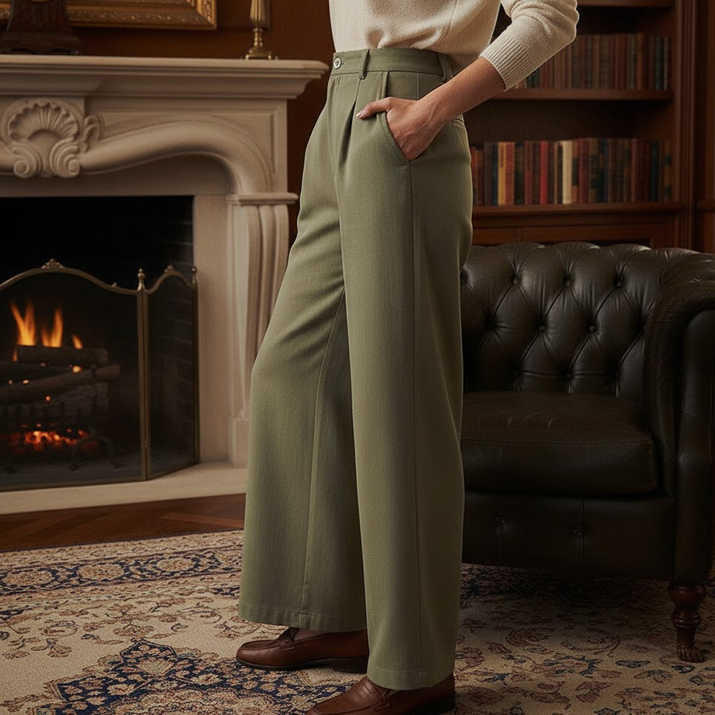 Close-up side view of tailored olive cotton slacks featuring deep pockets, a high-rise waist, and structured twill fabric.