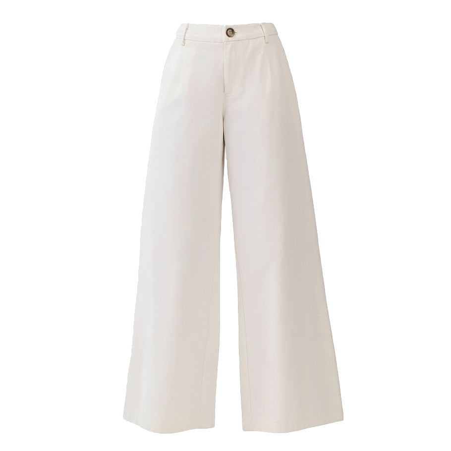 Front view of high-waisted pure cotton twill trousers for women in antique white, featuring a structured wide-leg flare and classic button closure for a sophisticated preppy look.