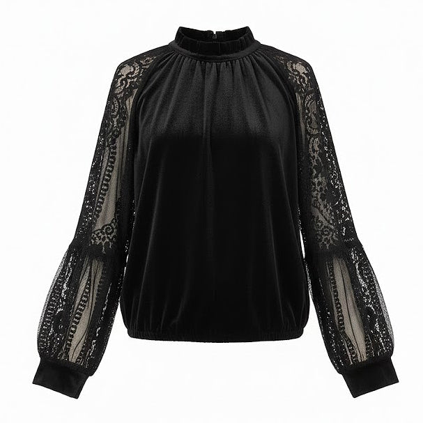 Elegant black velvet blouse with sheer floral lace puff sleeves and a mock neck, high-quality ecommerce product photo on a white background.